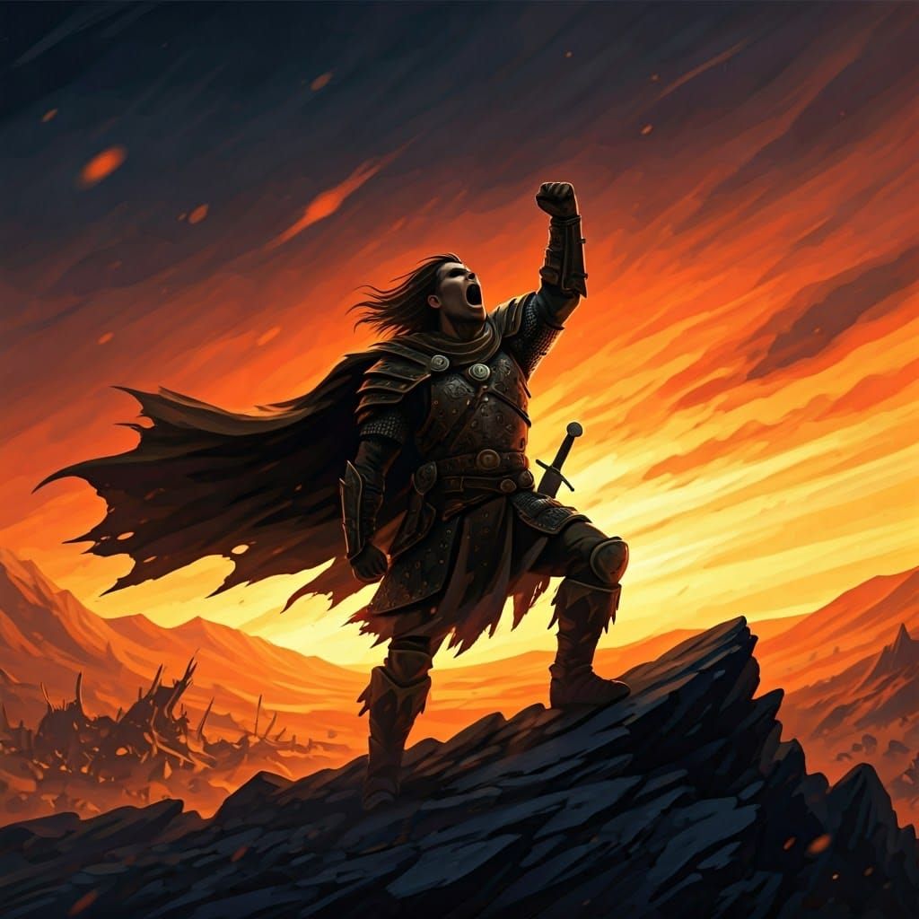 Lone Warrior's Roar Against Fiery Sky