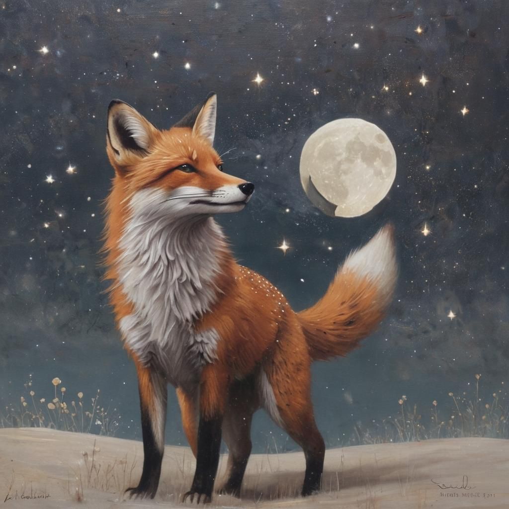 Fox Under Starry Sky in Fairy Tale Style