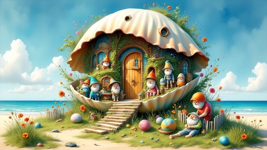 Whimsical Gnome Home in Giant Clam Shell on Beach