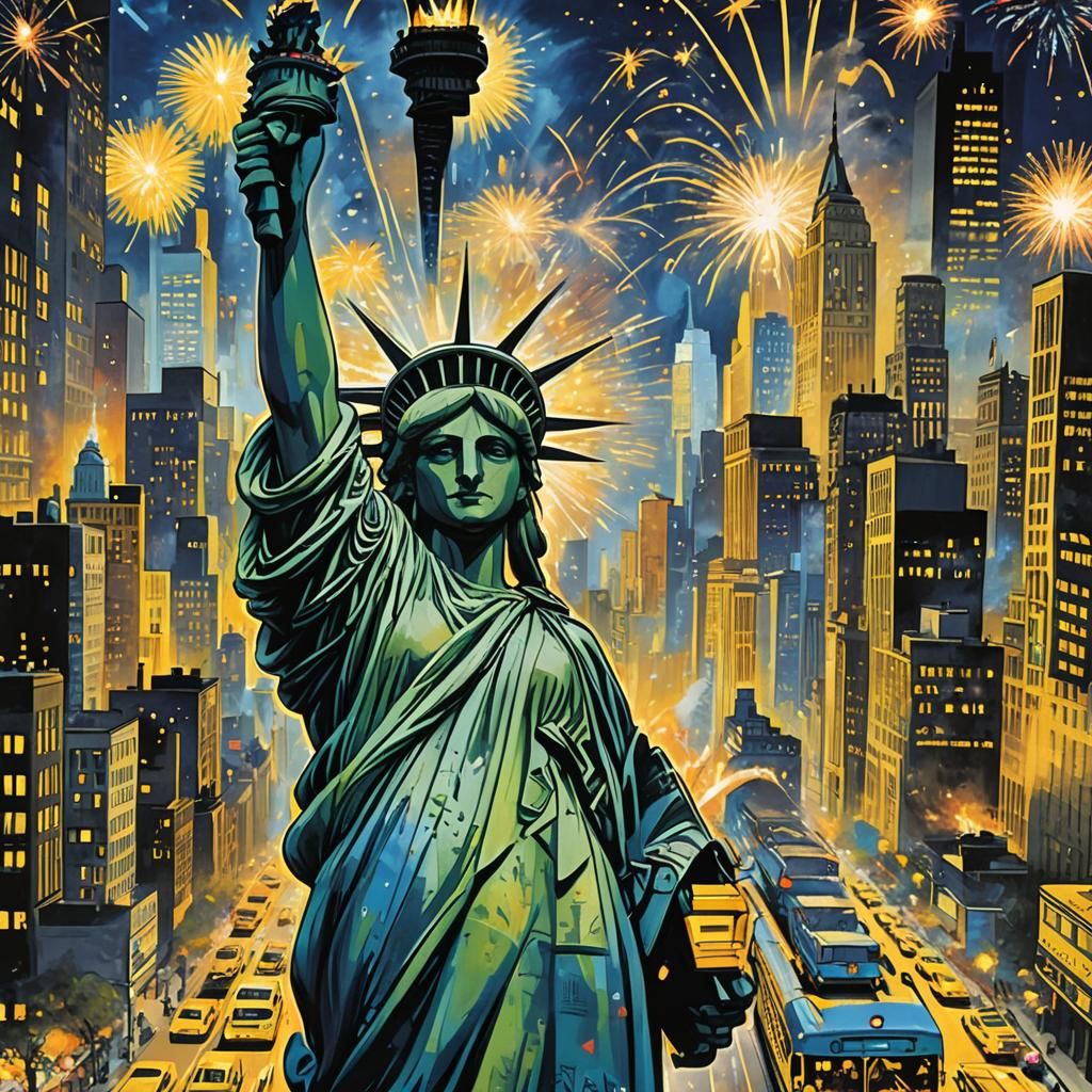 Dynamic New York Advertisement Poster with Liberty Illustrat...