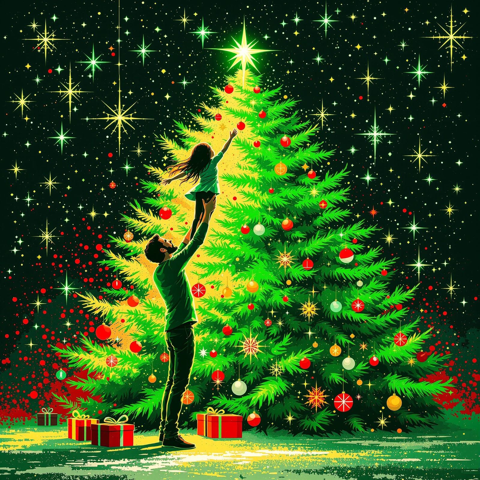 Father and Daughter Decorate Christmas Tree