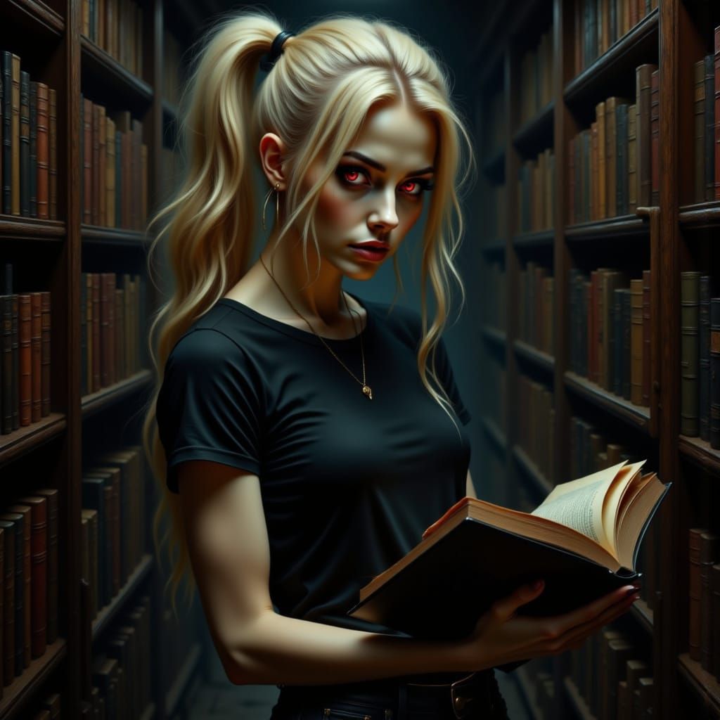 Vampire Woman in Dark Library, Photorealistic Style