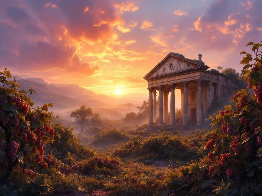 Ethereal Roman Villa Ruins in Vibrant Golden Hour