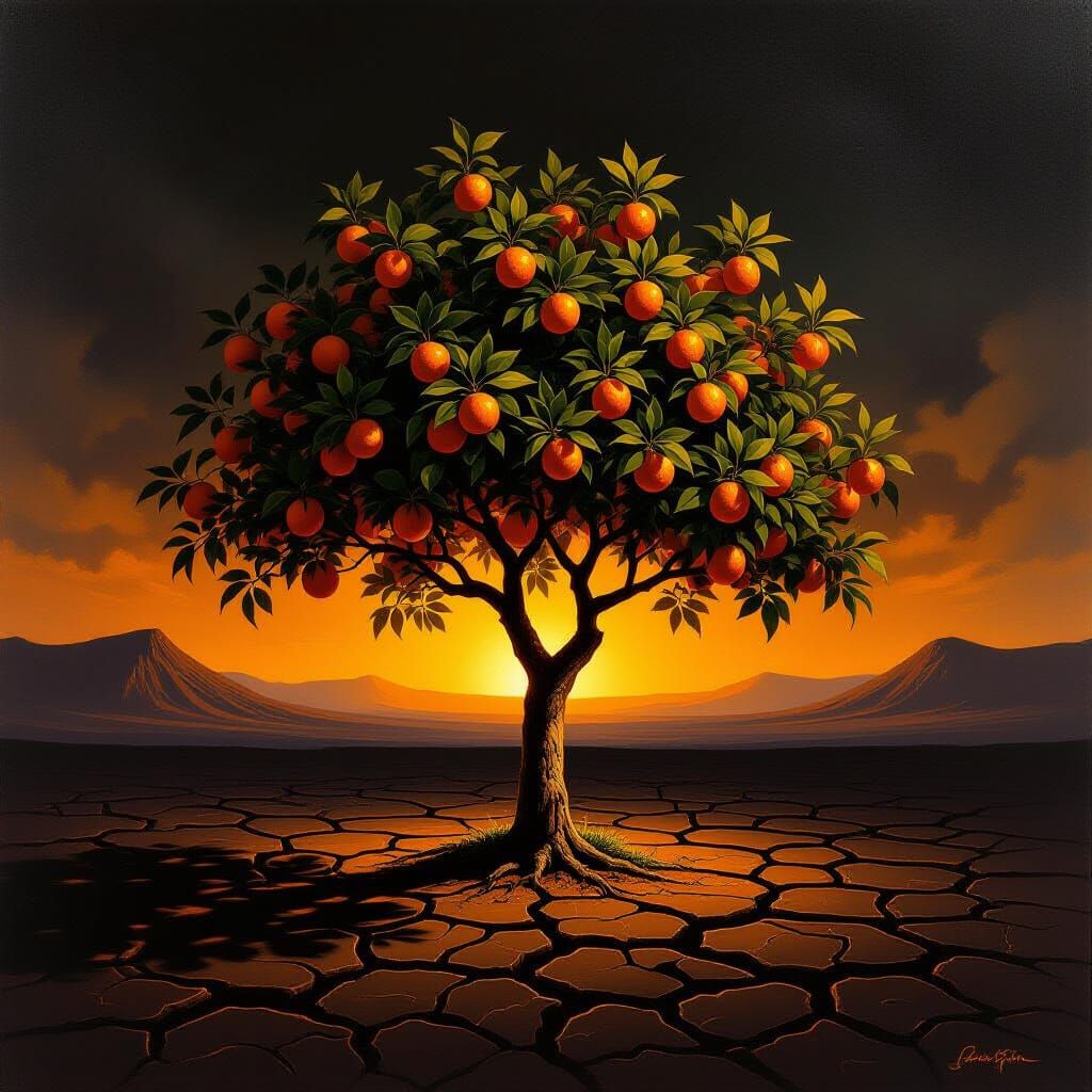 Baroque Oil Painting of an Orange Tree in Volcanic Desert