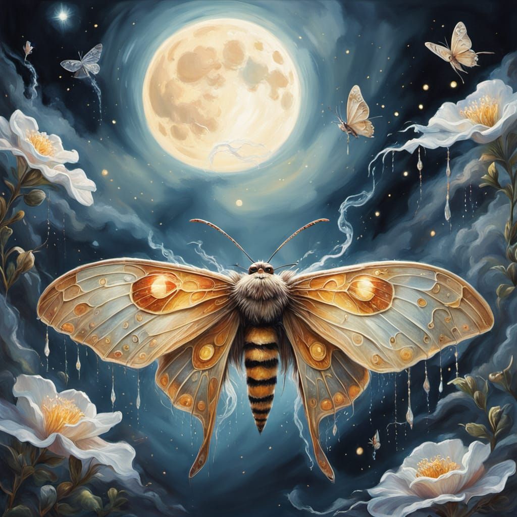 Moth in Moonlit Waters: Detailed Fairytale Painting