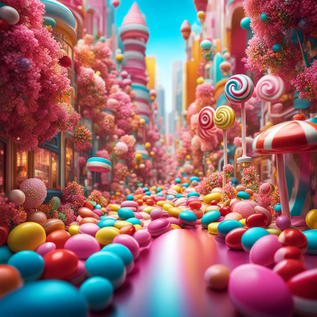 Candy Wonderland City in Photorealistic CGI Style