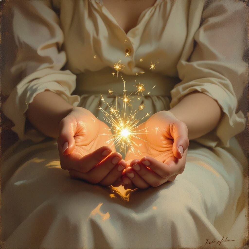 Glowing Spark Held in Clasped Hands, Expressive Light