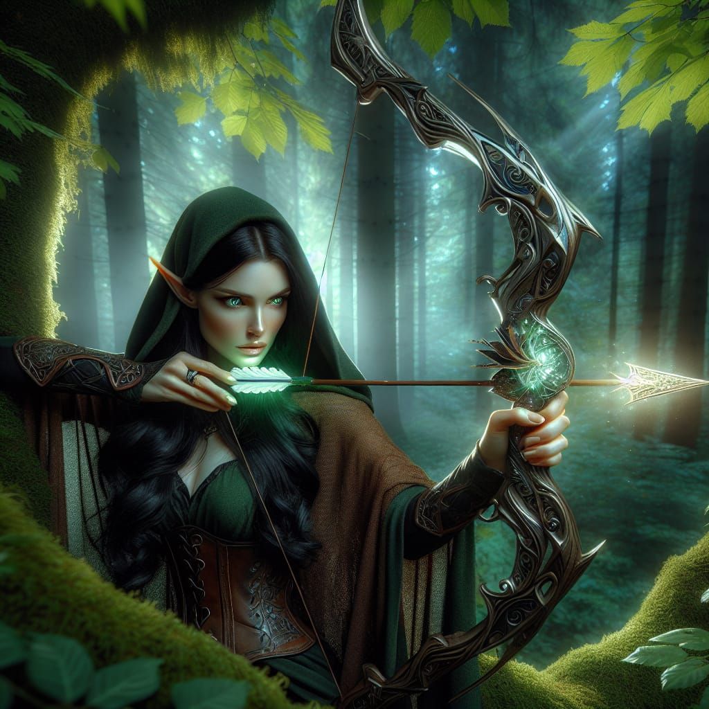 Elven Huntress with Enchanted Bow, Fantasy Art