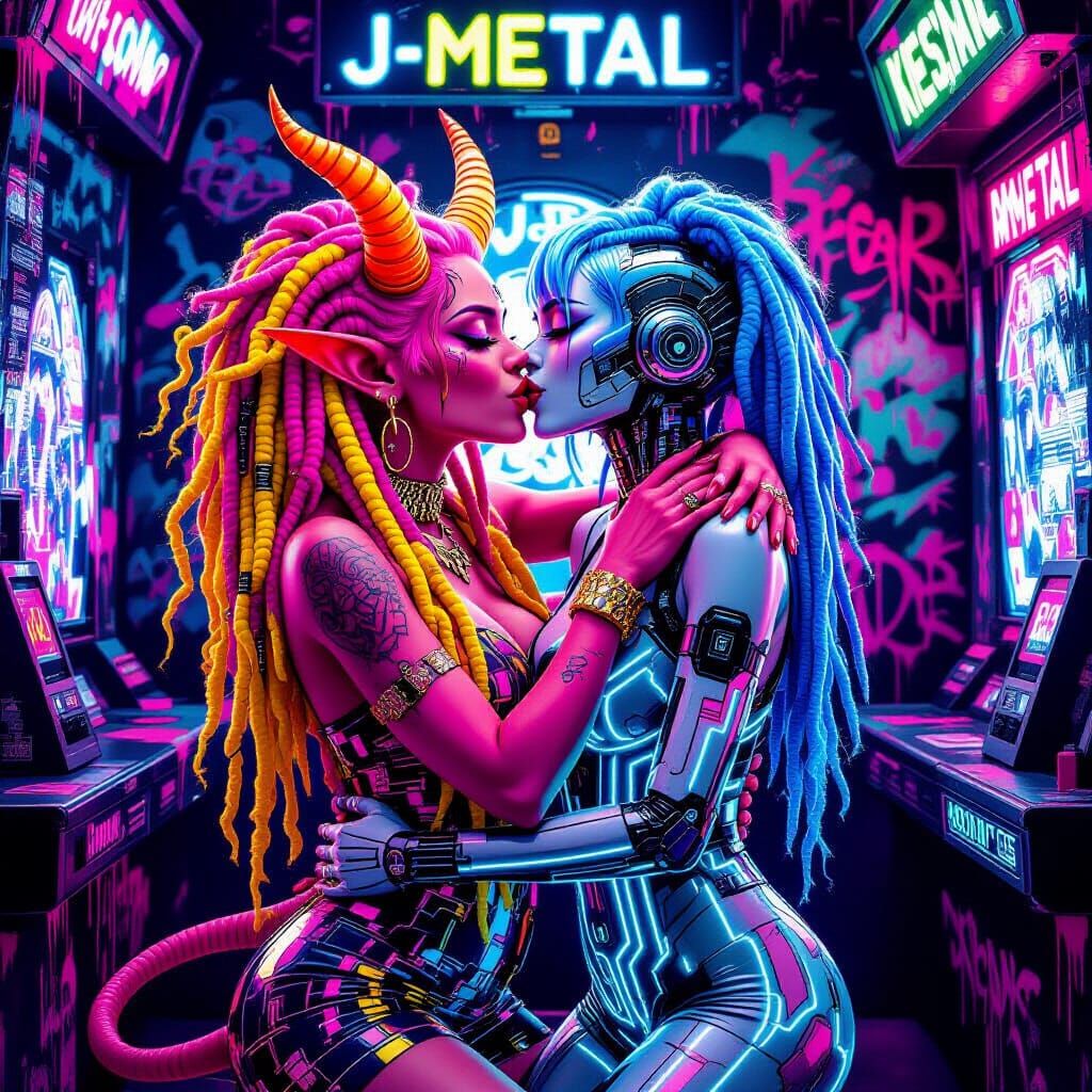 Vibrant Tiefling and Android Kissing in Neon Karaoke Booth