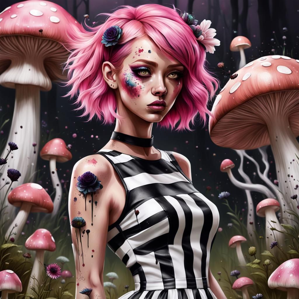 Wonderland Girl with Pink Hair in Splatter Art Style