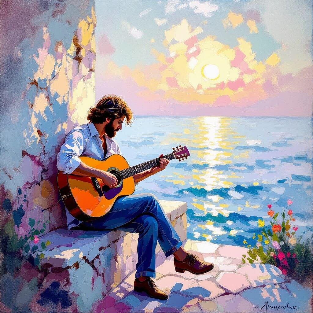 Majestic Guitar Player in Impressionist Rococo Style