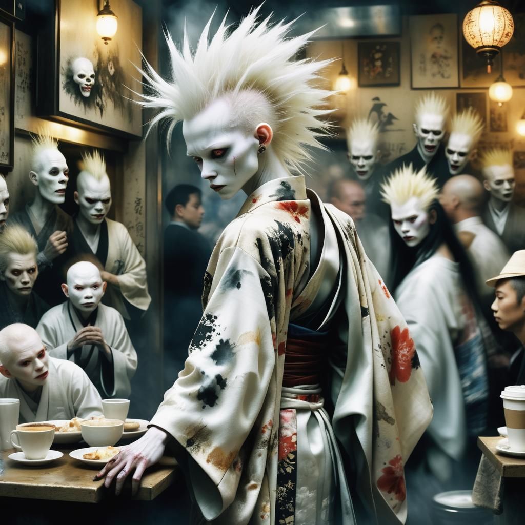 Sinister Albino Humanoid in Crowded Cafe