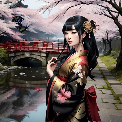 Geisha in Kimono by River Bridge in Dark Fantasy
