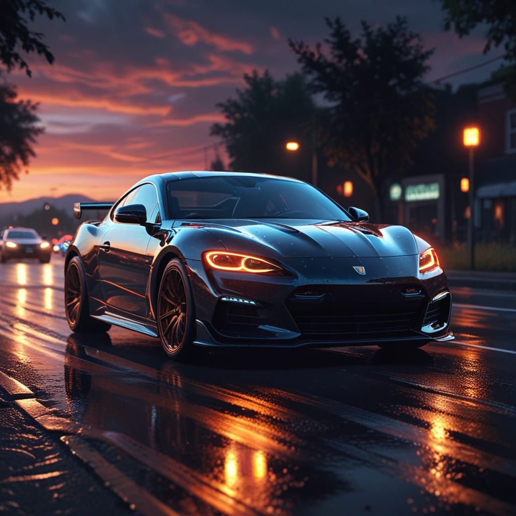 Hyper-Realistic Car Driving at Sunset in Bokeh Style