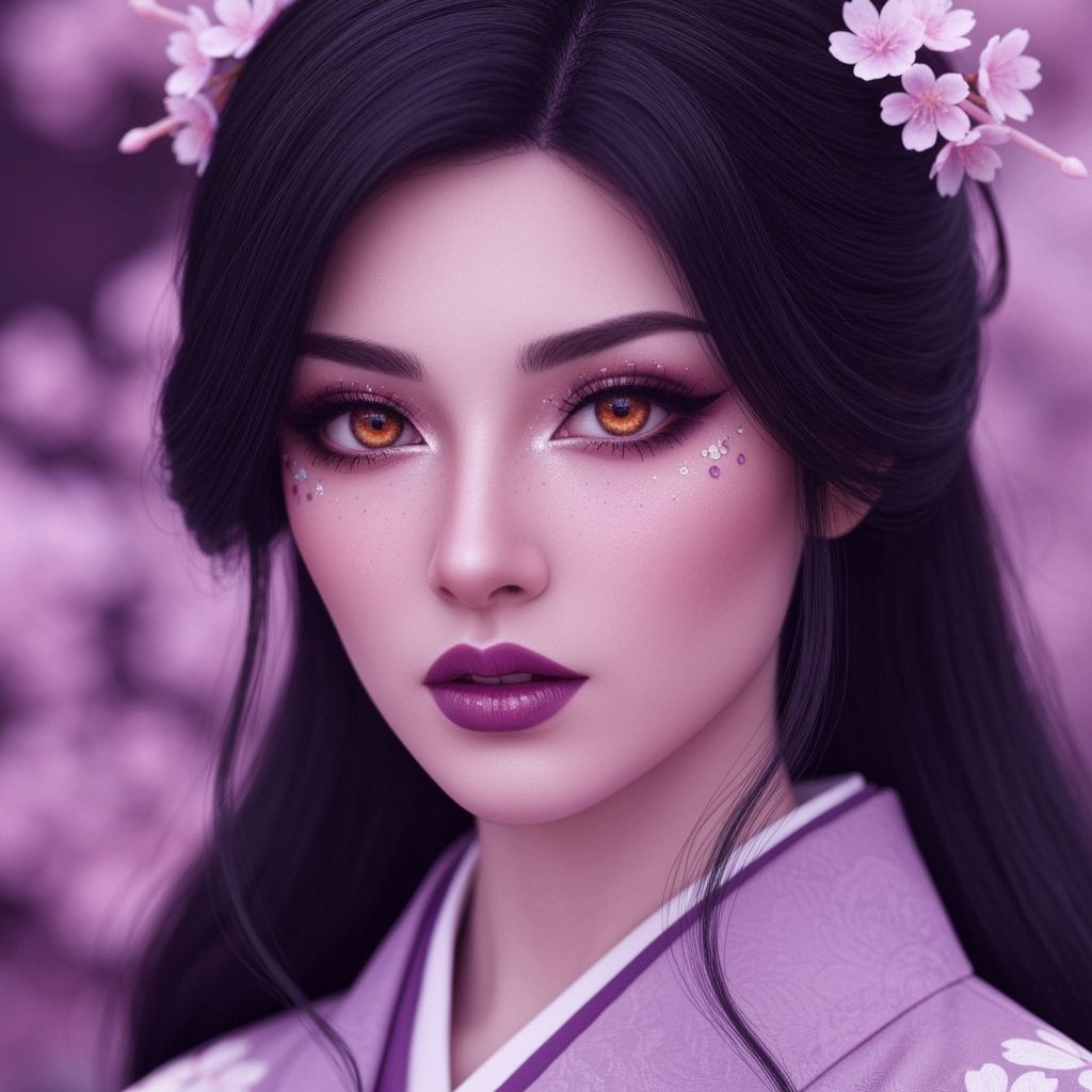 Plum Kimono Portrait with Cherry Blossoms