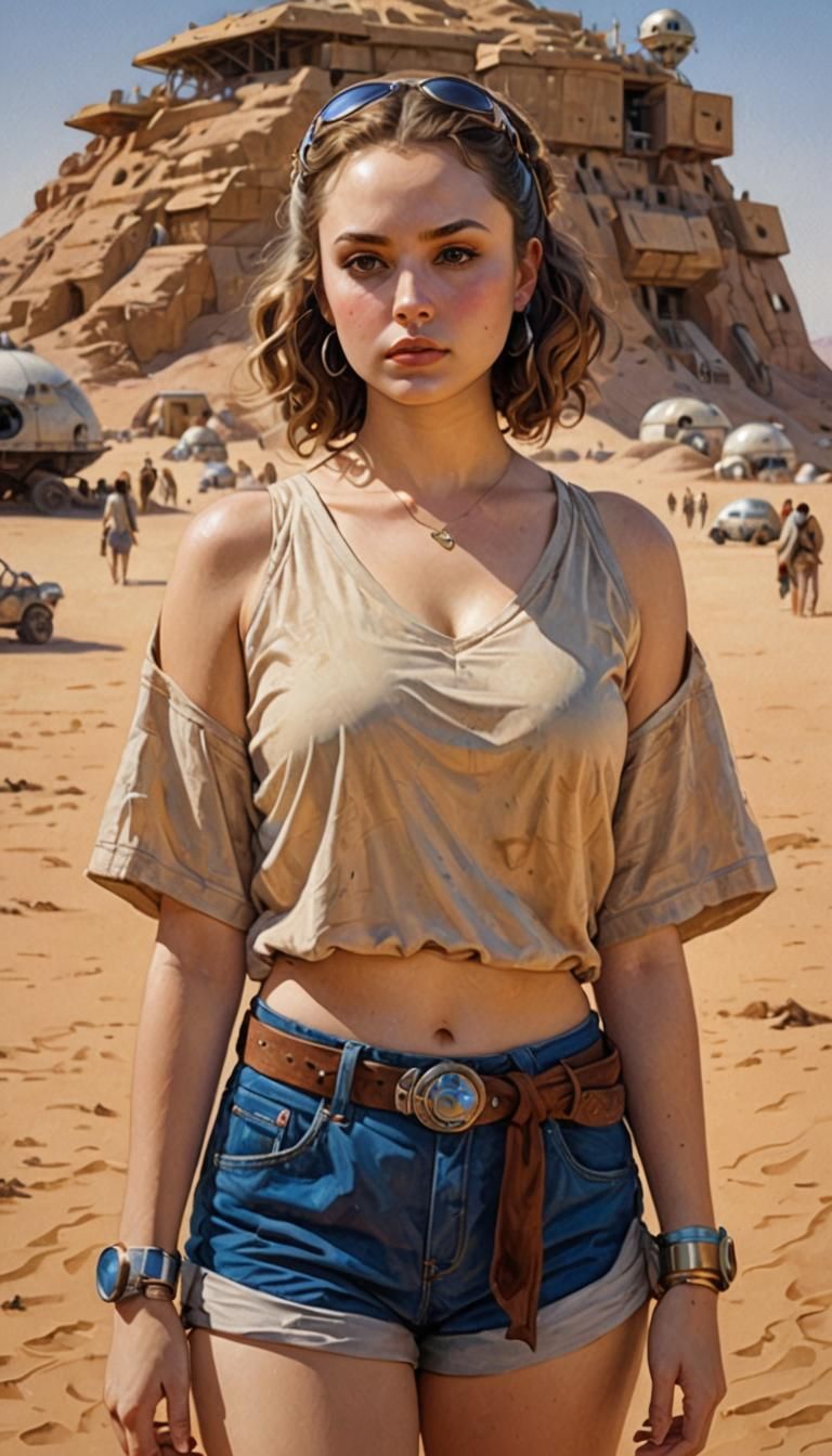 Beautiful curvy Padme Amidala in cut-off tan shirt and blue ...
