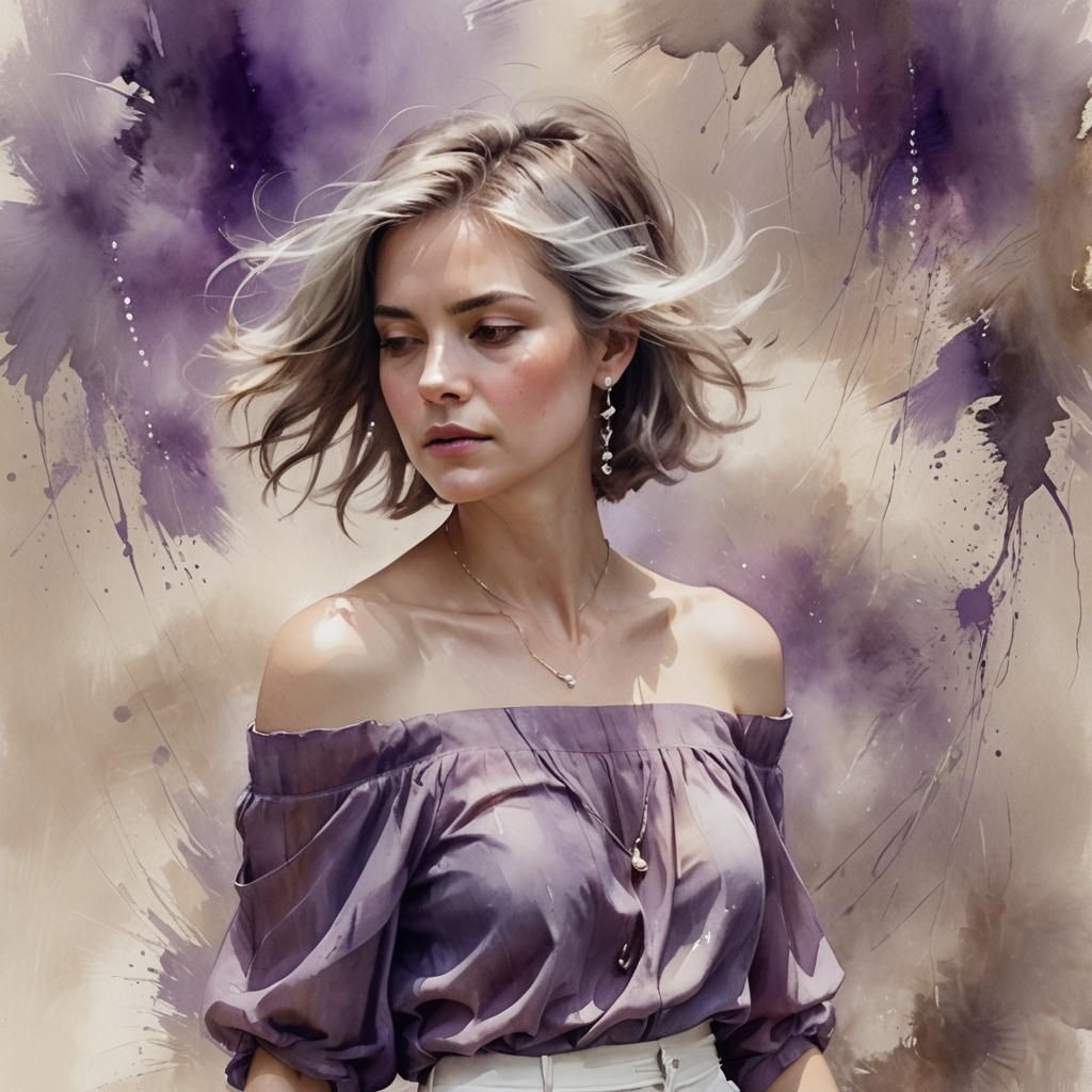 Whimsical Woman Portrait with Abstract Watercolor Accents