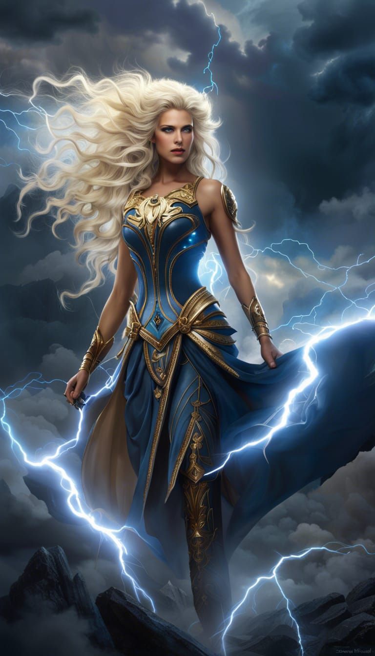 Thunder Goddess on Dark Clouds in Fantasy Art