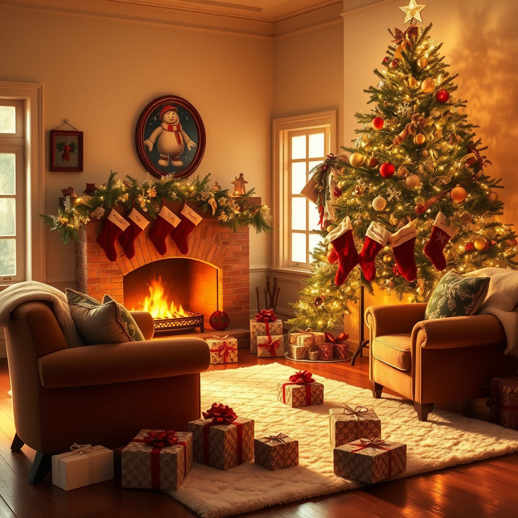 Cozy Christmas Living Room in Warm, Golden Light