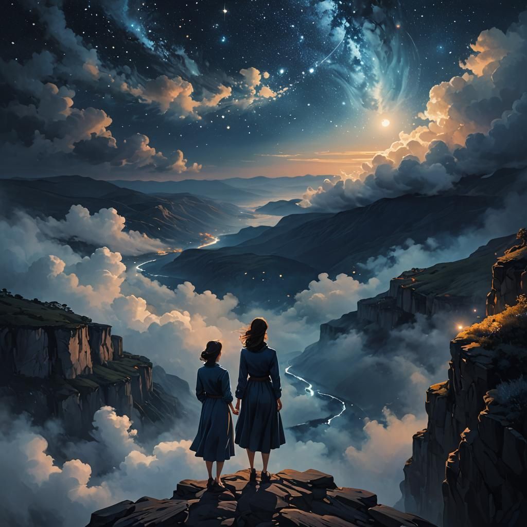 Dreamy Starry Night Painting with Woman on Cliff