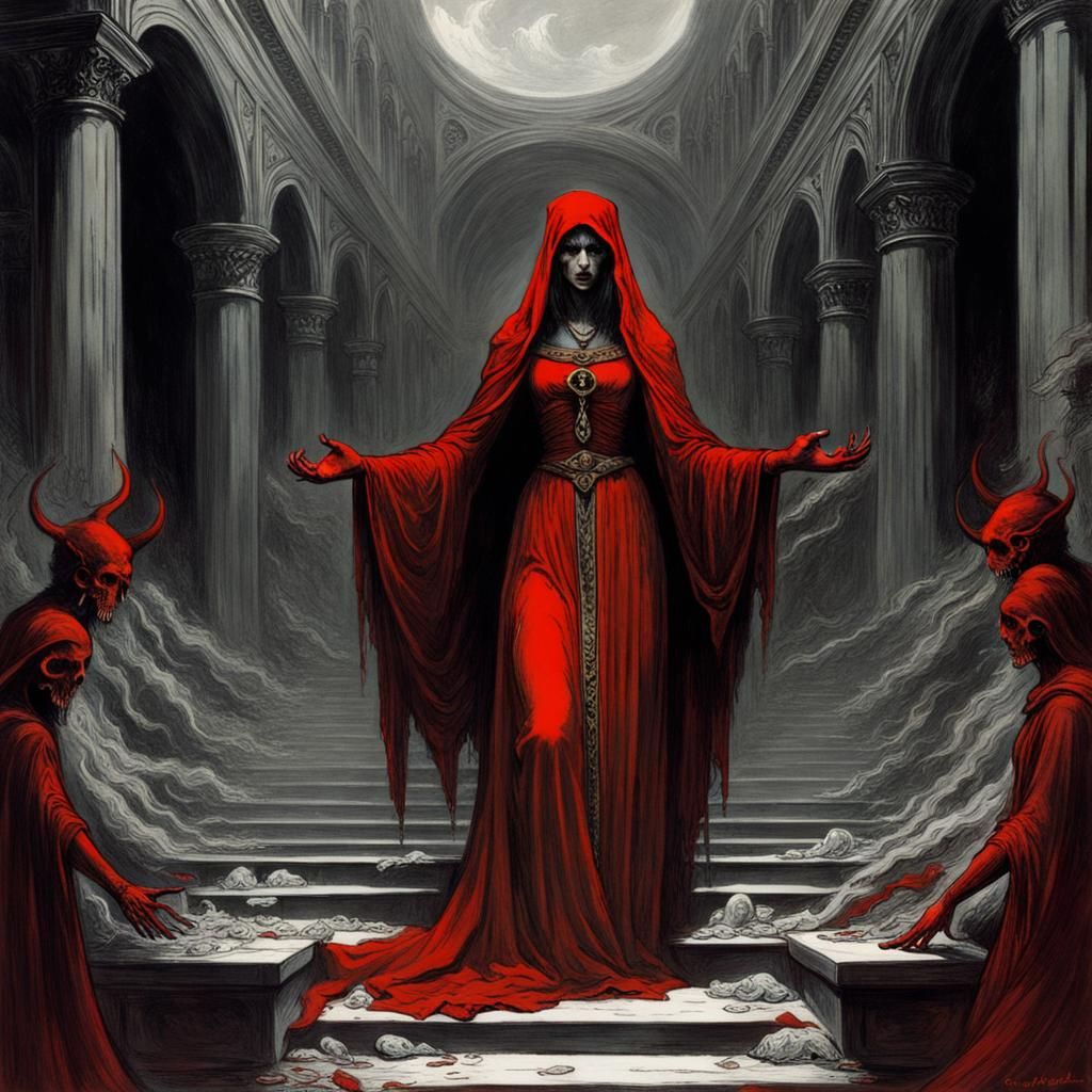 Eerie Red Priestess in Gothic Horror Style