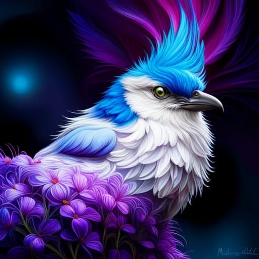 Cute Blue Bird with Fractal Flowers in Pixel Art
