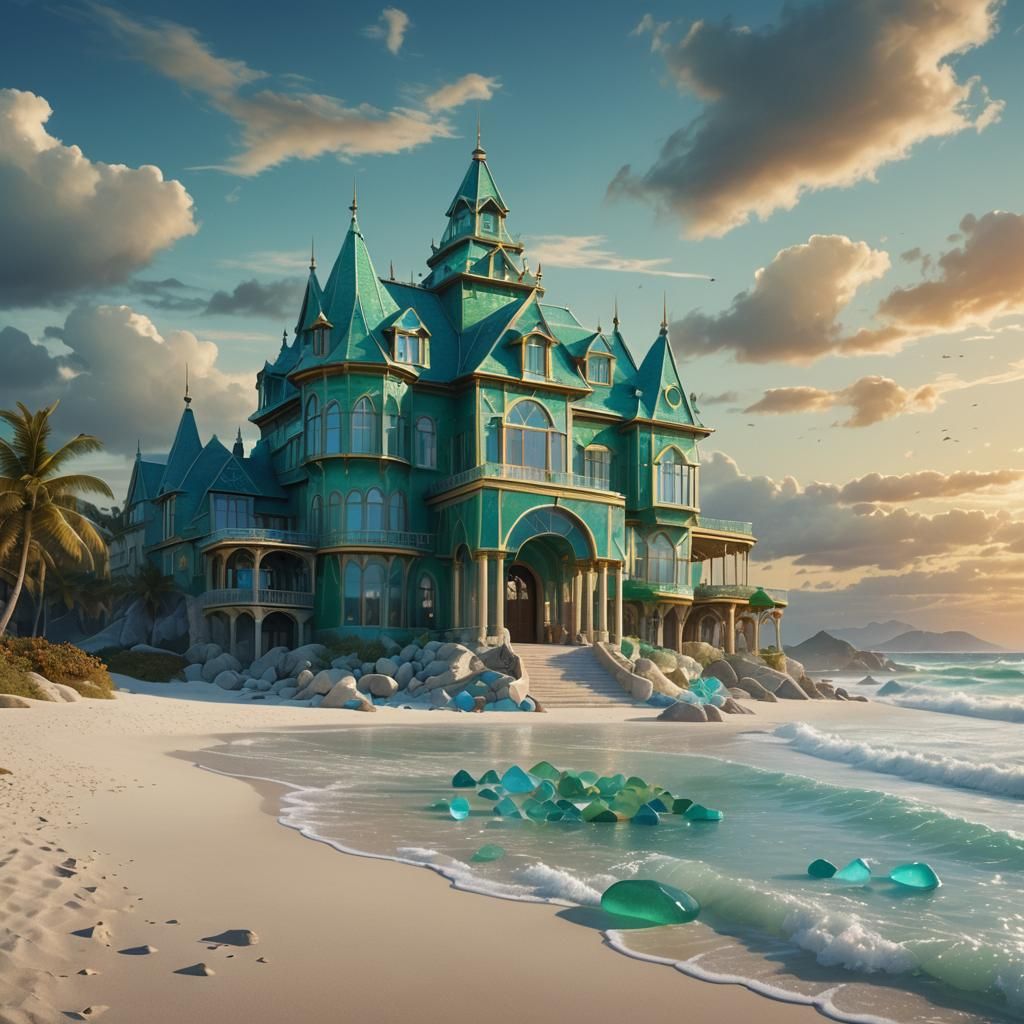 Sea Glass Mansion on White Beach: Fantasy Matte Painting
