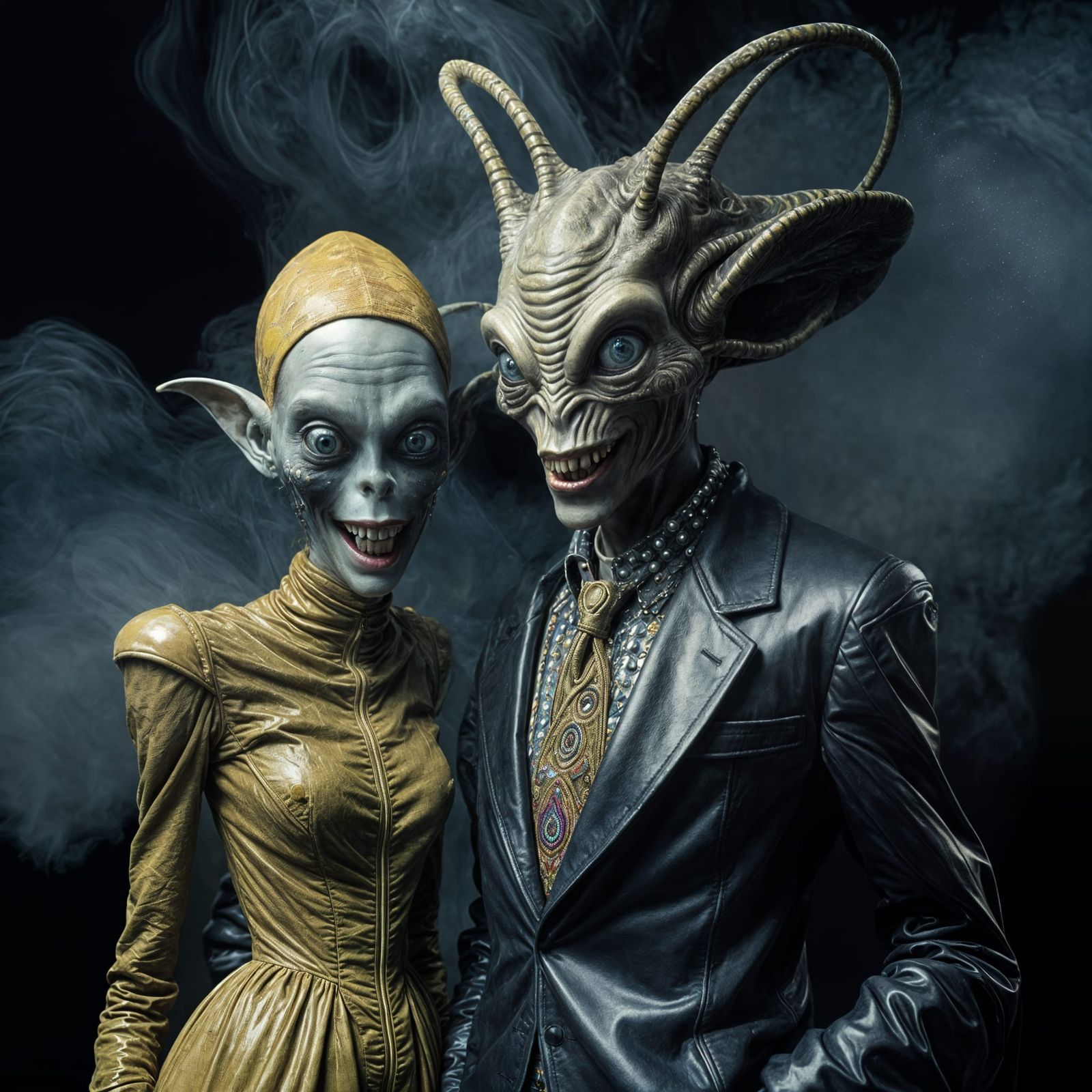 Extravagant Alien Couple in Bizarre Cosmic Dreamscape