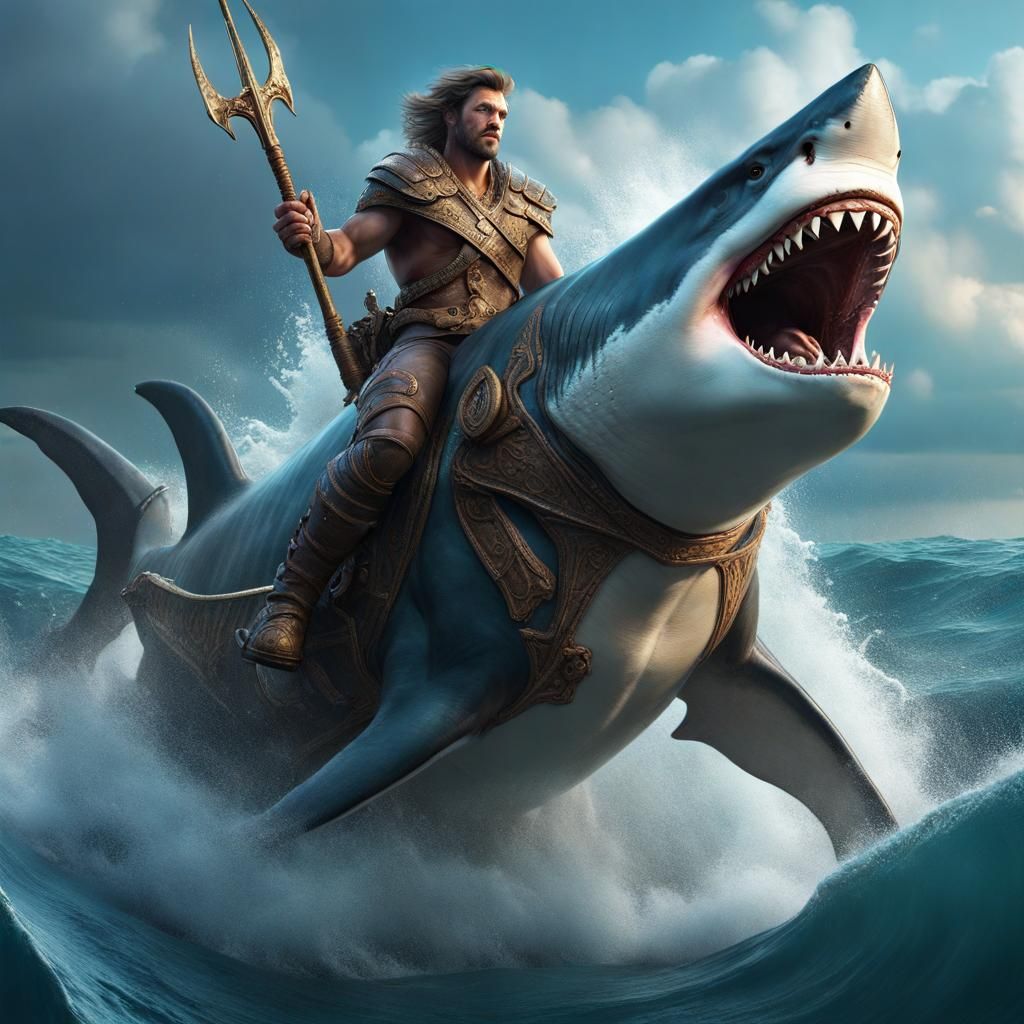 God of the Seas Riding a Great White Shark