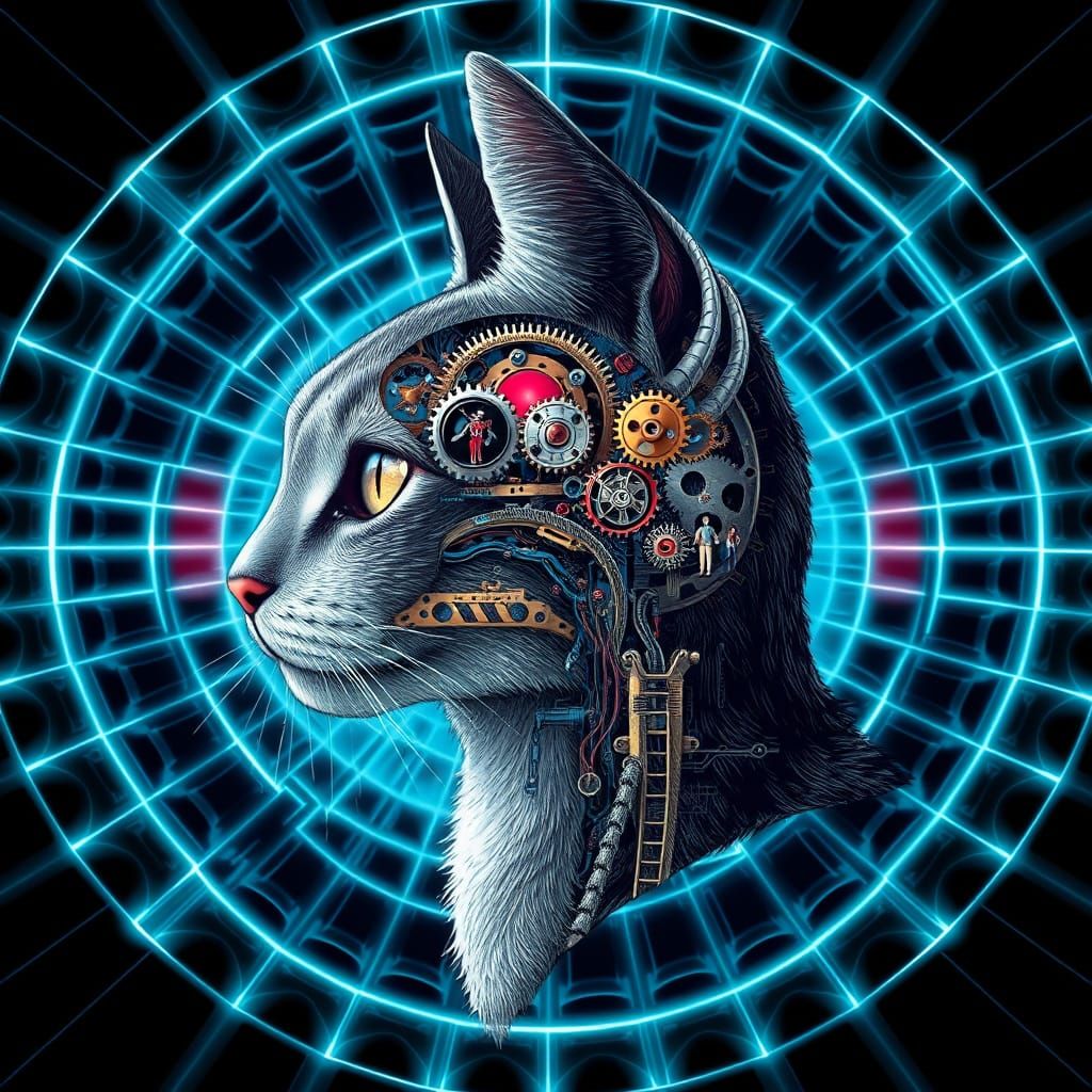 Surreal Sci-Fi Cat Portrait with Clockwork Brain