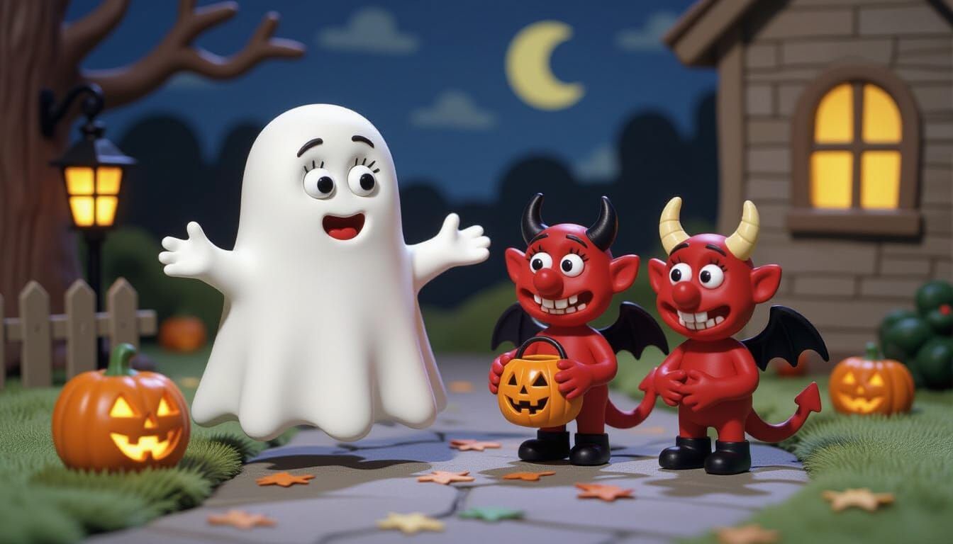 Cute Ghost and Demons Trick-or-Treating in Claymation Style