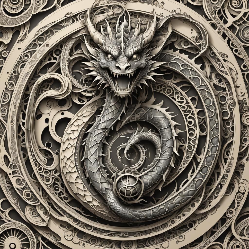 Alchemical Dragon Ouroboros Encircling Sphere with Fractal E...