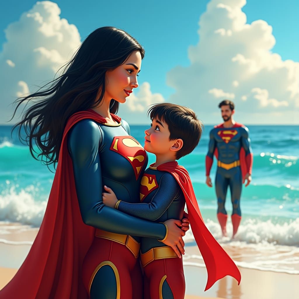 Superhero Family on the Beach in Matte Painting Style