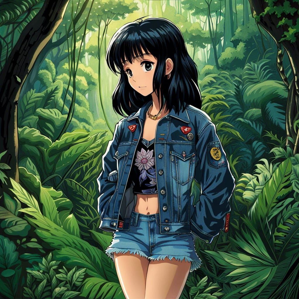 Anime Girl in Jungle, Mixed Media Style