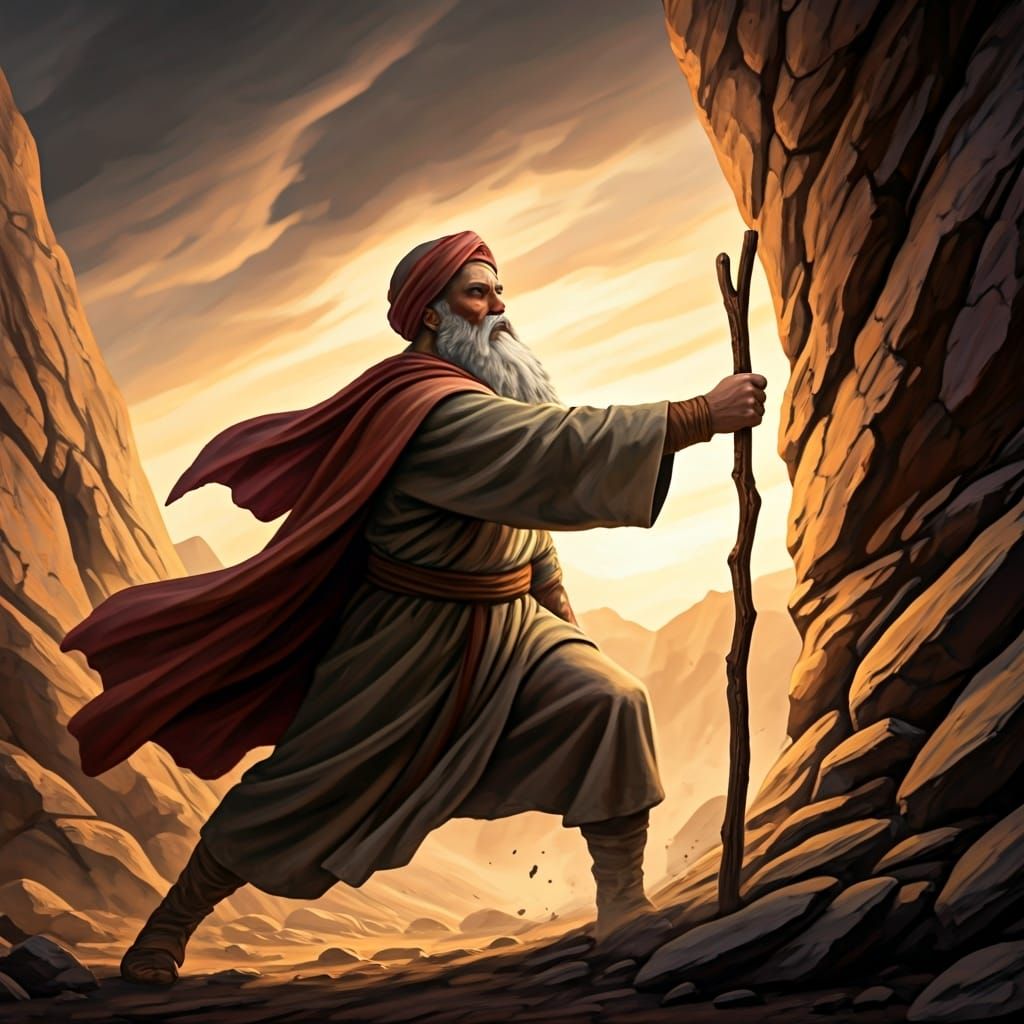 Moses striking his staff against the rock
