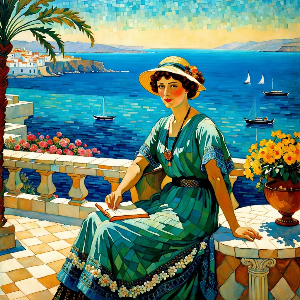 Woman Writer in Art Nouveau Style on Mediterranean Terrace