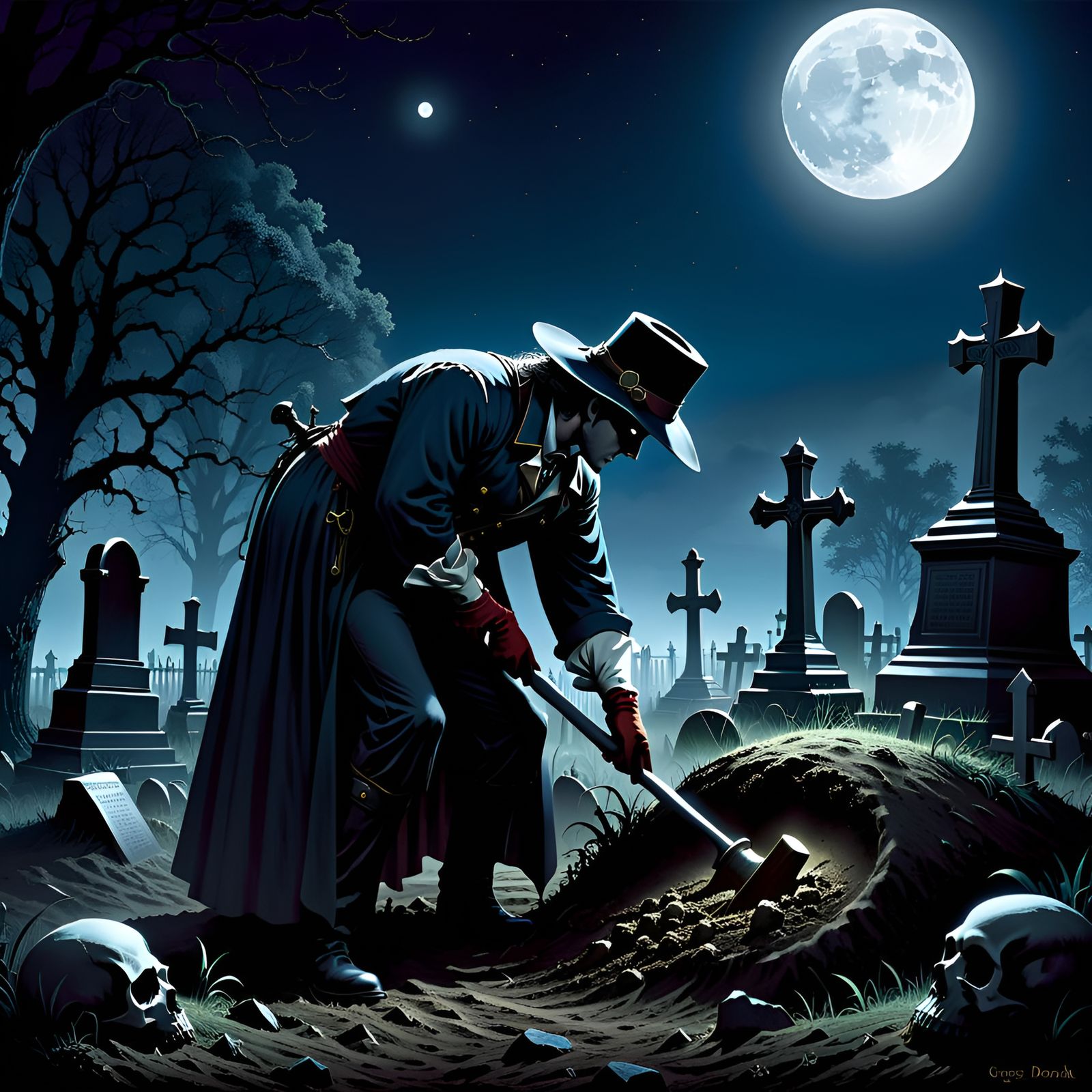Eerie Gravedigger Digs Under Moonlight: Horror Scene