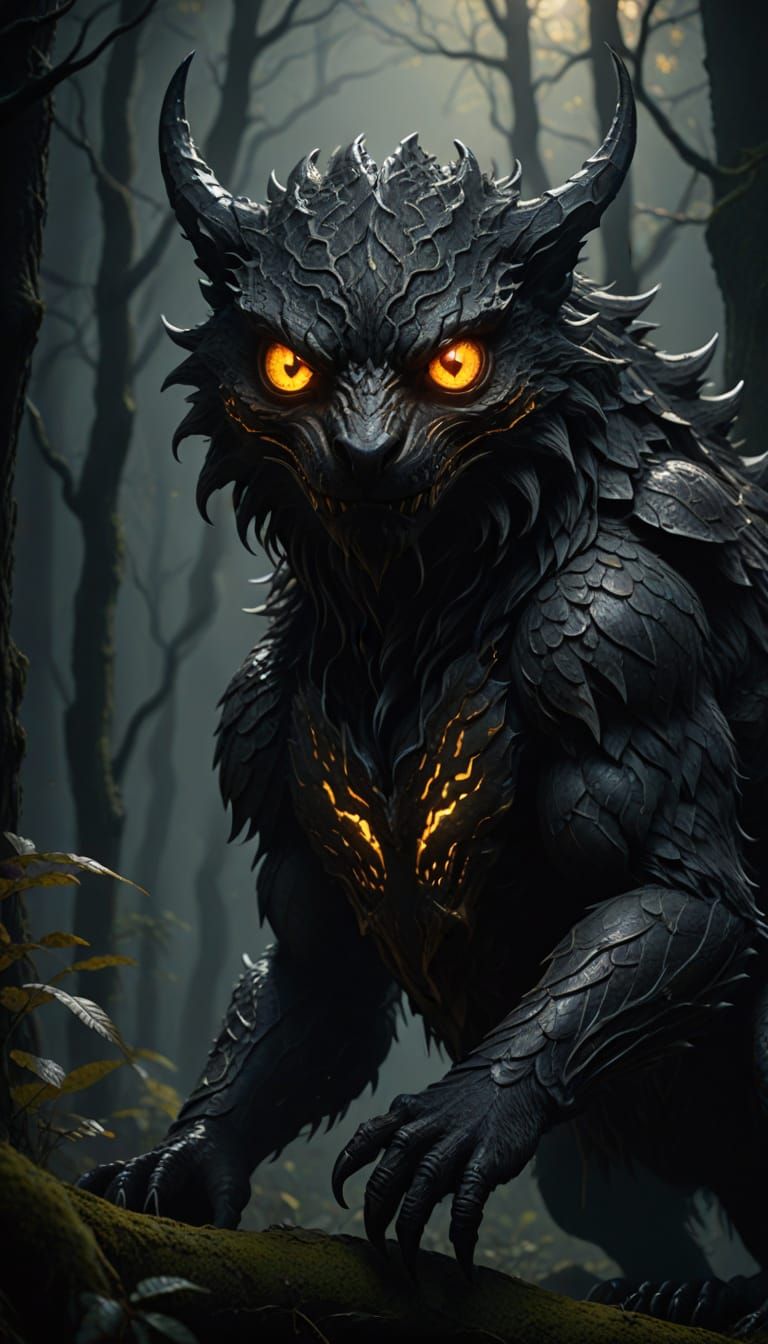 close-up of a shadowy creature with glowing amber eyes, jagged scales