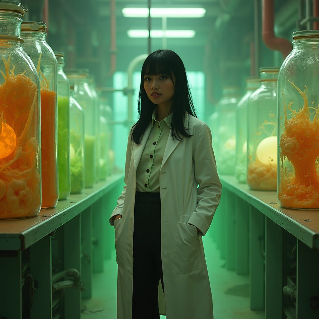 Woman in Lab Amid Eerie Science Equipment