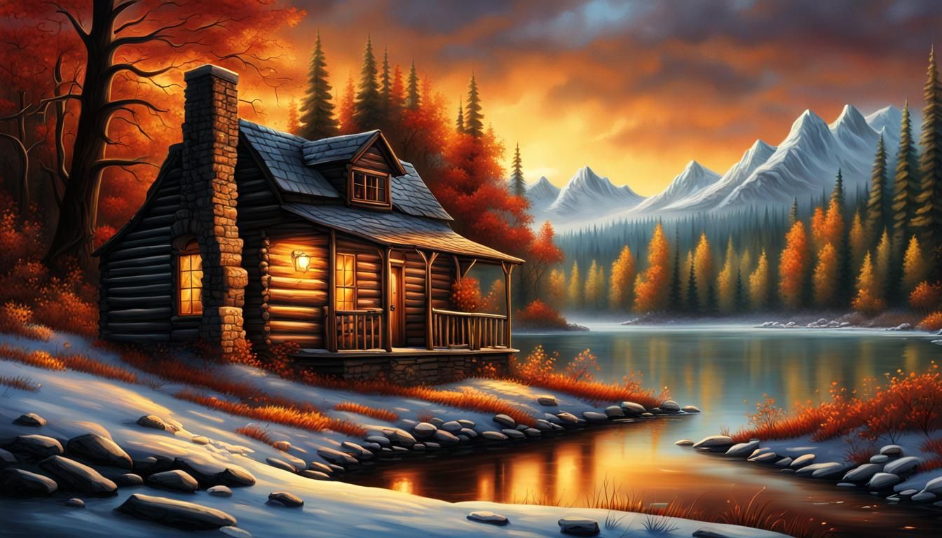 Cabin in Woods as Terry Redlin Painting