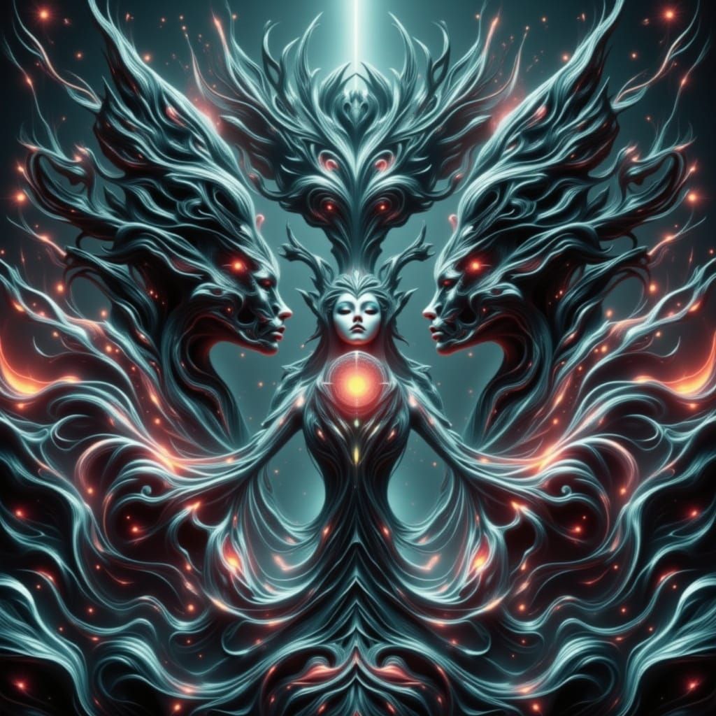 Woman in Purple Atmosphere with Surreal Electronic Patterns