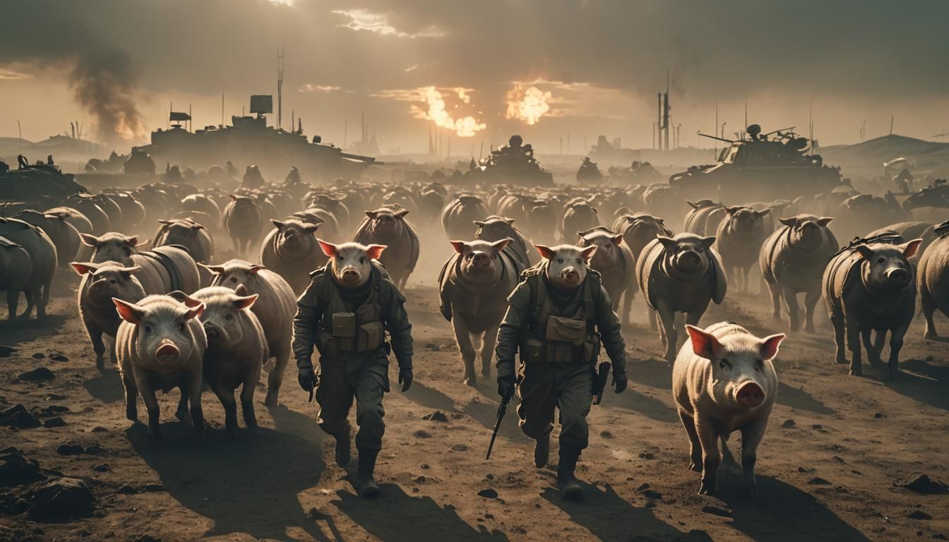 Humanoid Pigs in Military Clothes on Battlefield