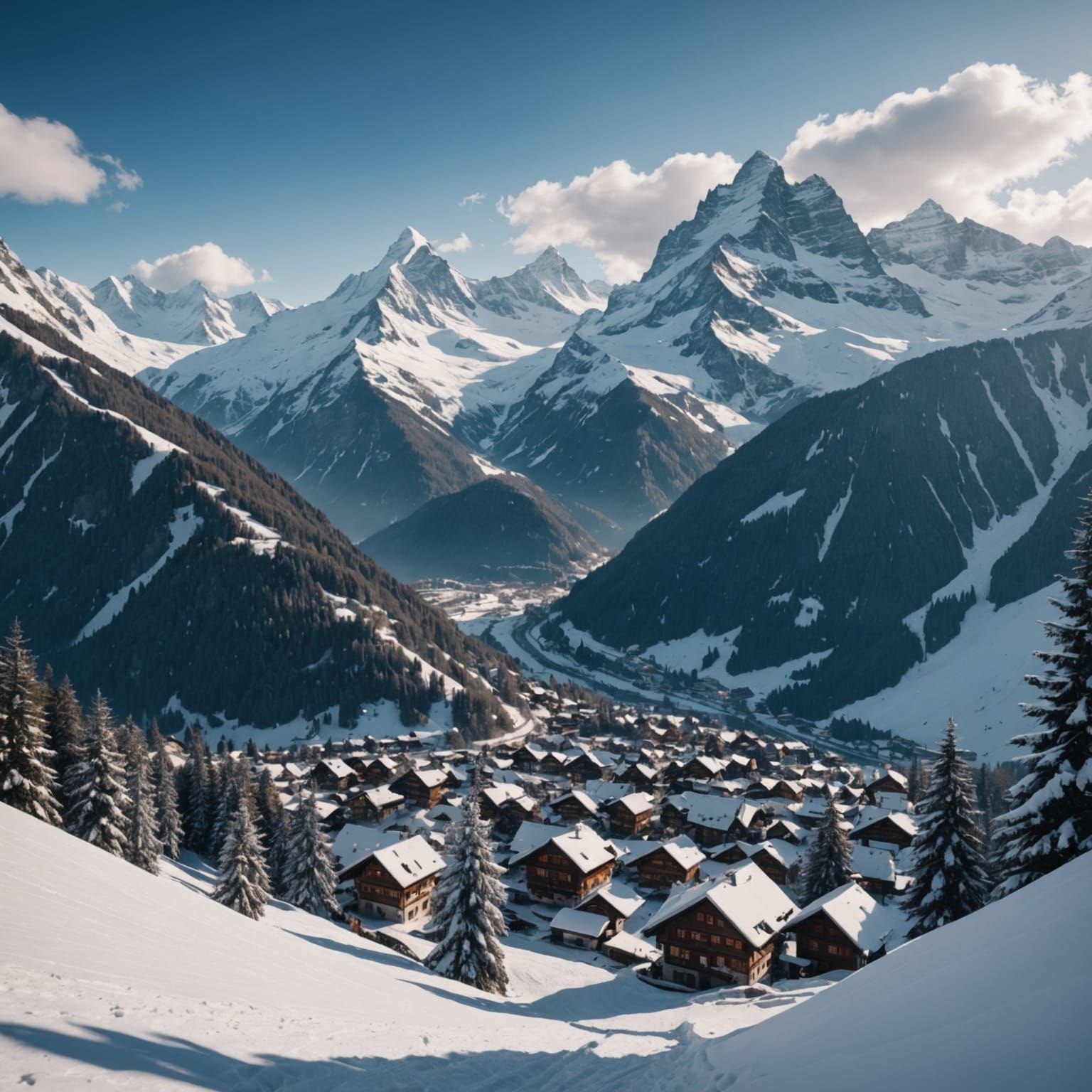 Winter Snowfall Over Swiss Alps in Fantastical Matte Paintin...