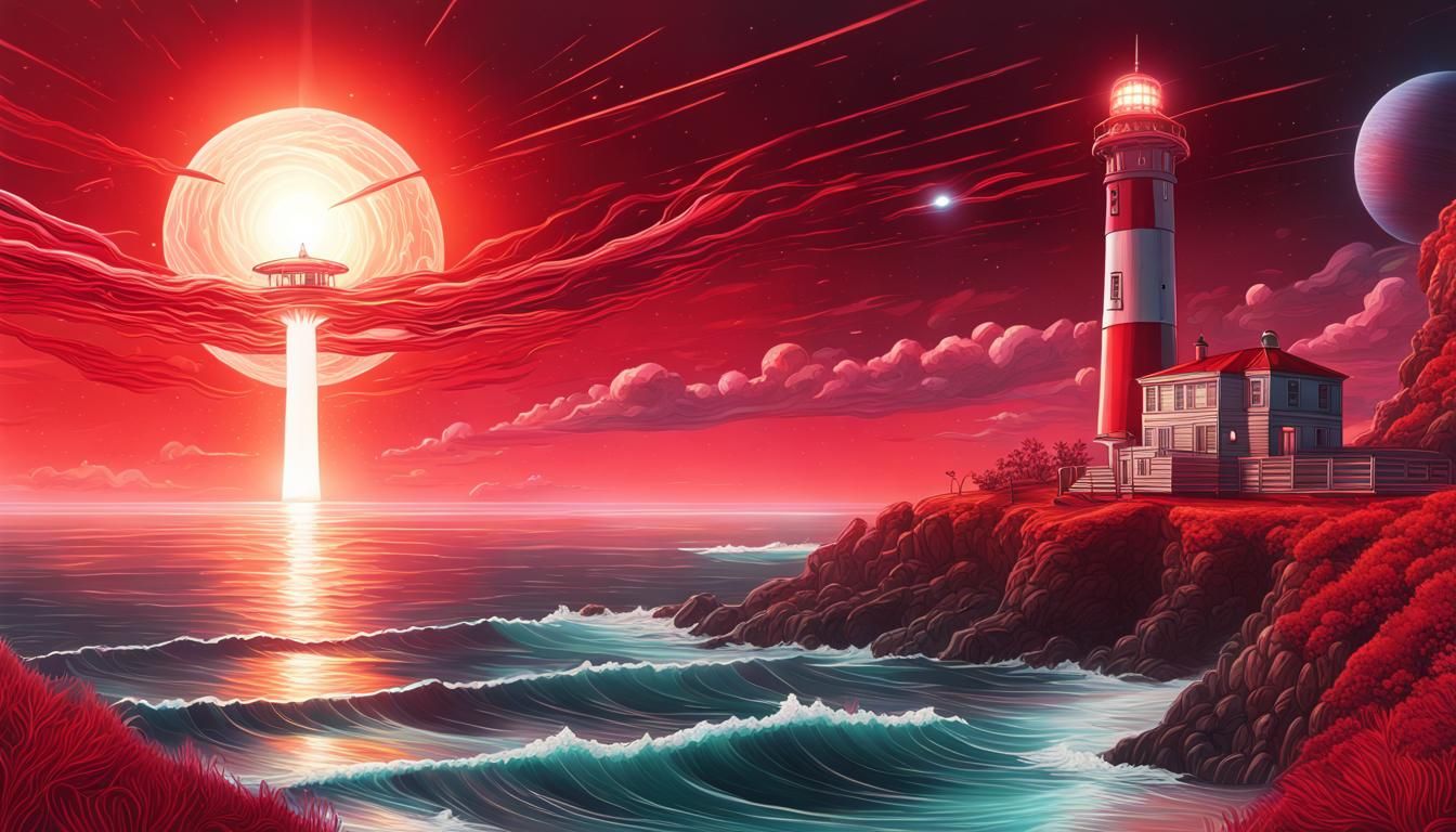 Dark-Red Spaceship by Coastal Lighthouse in Daybreak