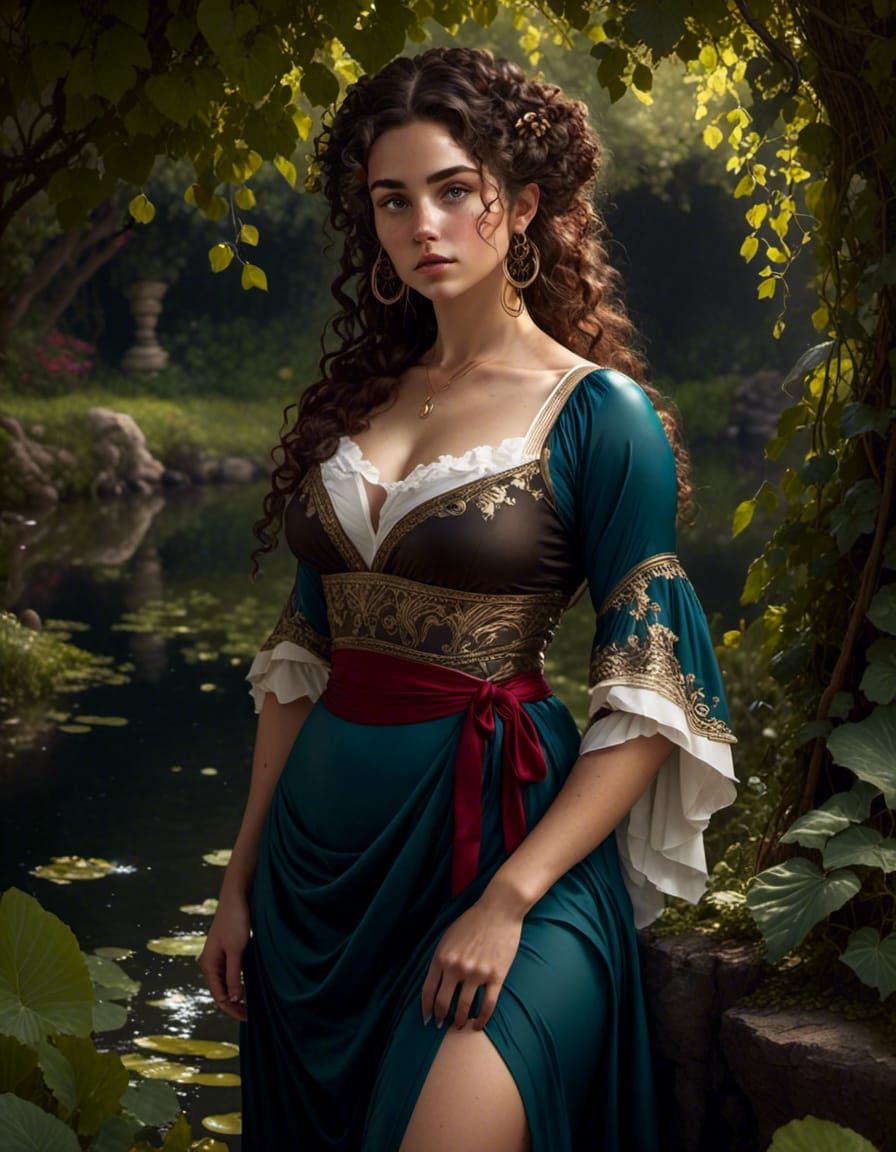 Greek Woman at Pond: Caravaggio-Style Oil Painting