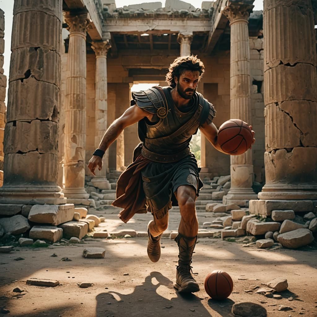 Greek Warrior Plays Basketball in Ruined Temple