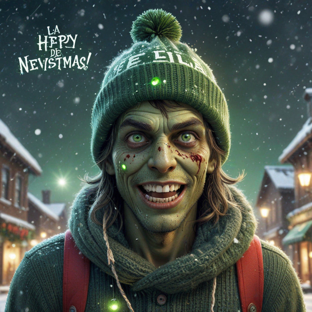 A Green Skinned Zombie Smiling with a Christmas Hat and Torn...