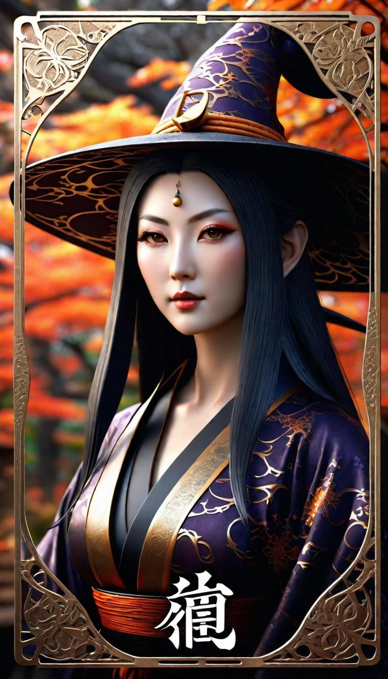 Rare Japanese Witch Card in Digital Art Style