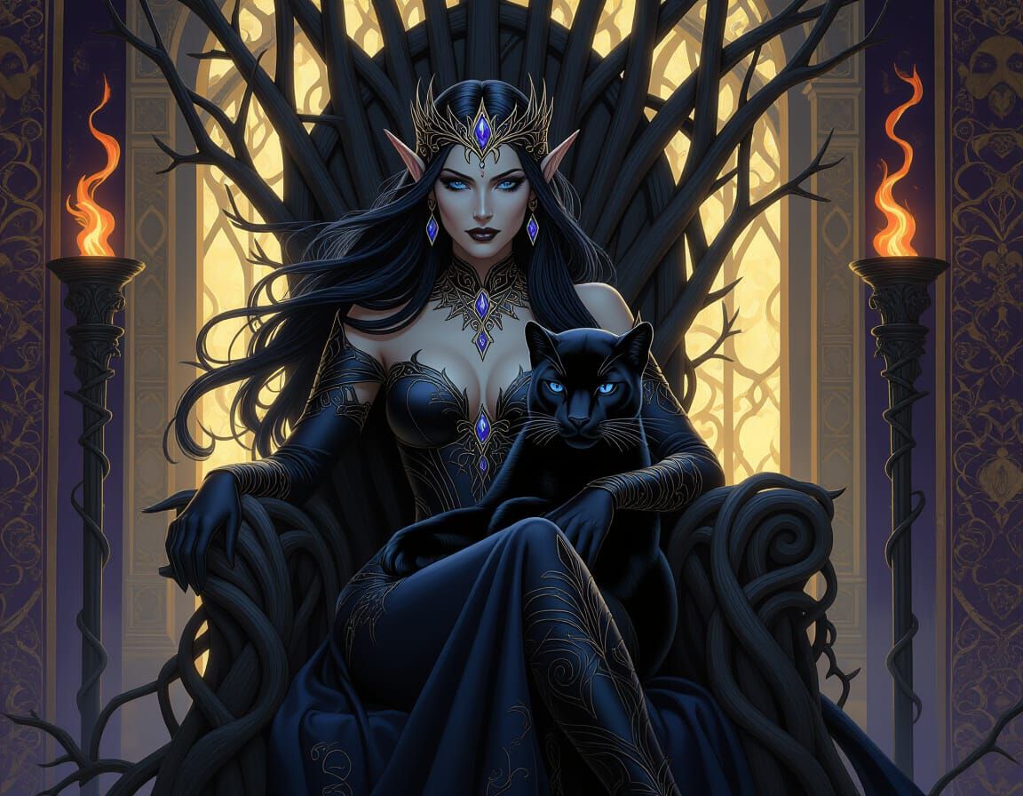 Dark Elf Queen on Throne with Panther
