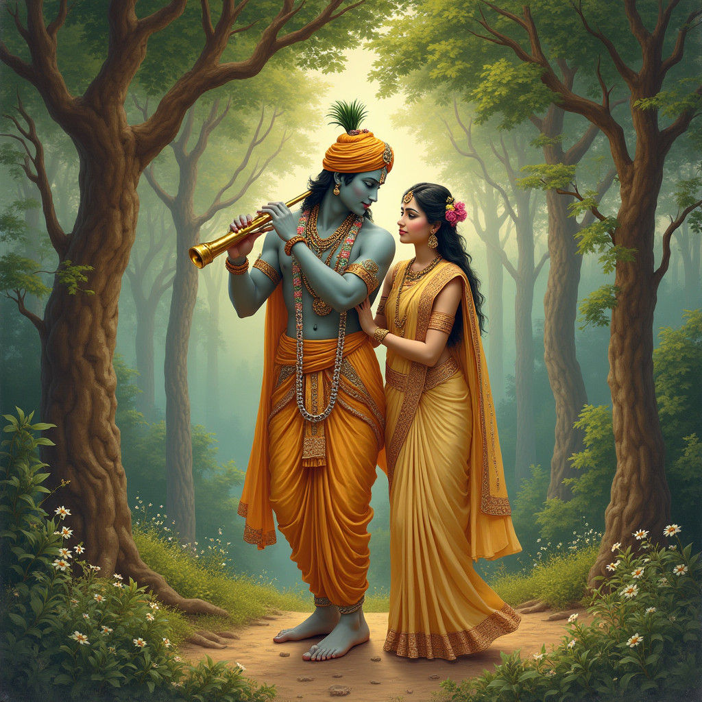 Krishna and Radha Playing Flute in Forest: Traditional India...